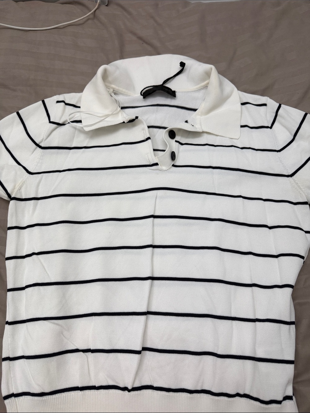 Zara White Short-Sleeve Polo with Black Stripes